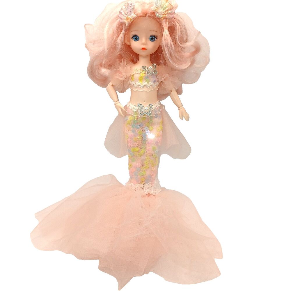 Mermaid Doll Articulated Pink Hair Big Blue Eyed Girl Shells Butterflies 12 in